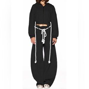 Black~Rope Detail Cropped Hoodie & Wide-Leg Sweatpant Set